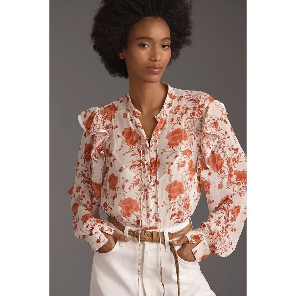 NWT Anthropologie Maeve Long-Sleeve Ruffled Sheer Blouse Top XXS Pink Floral